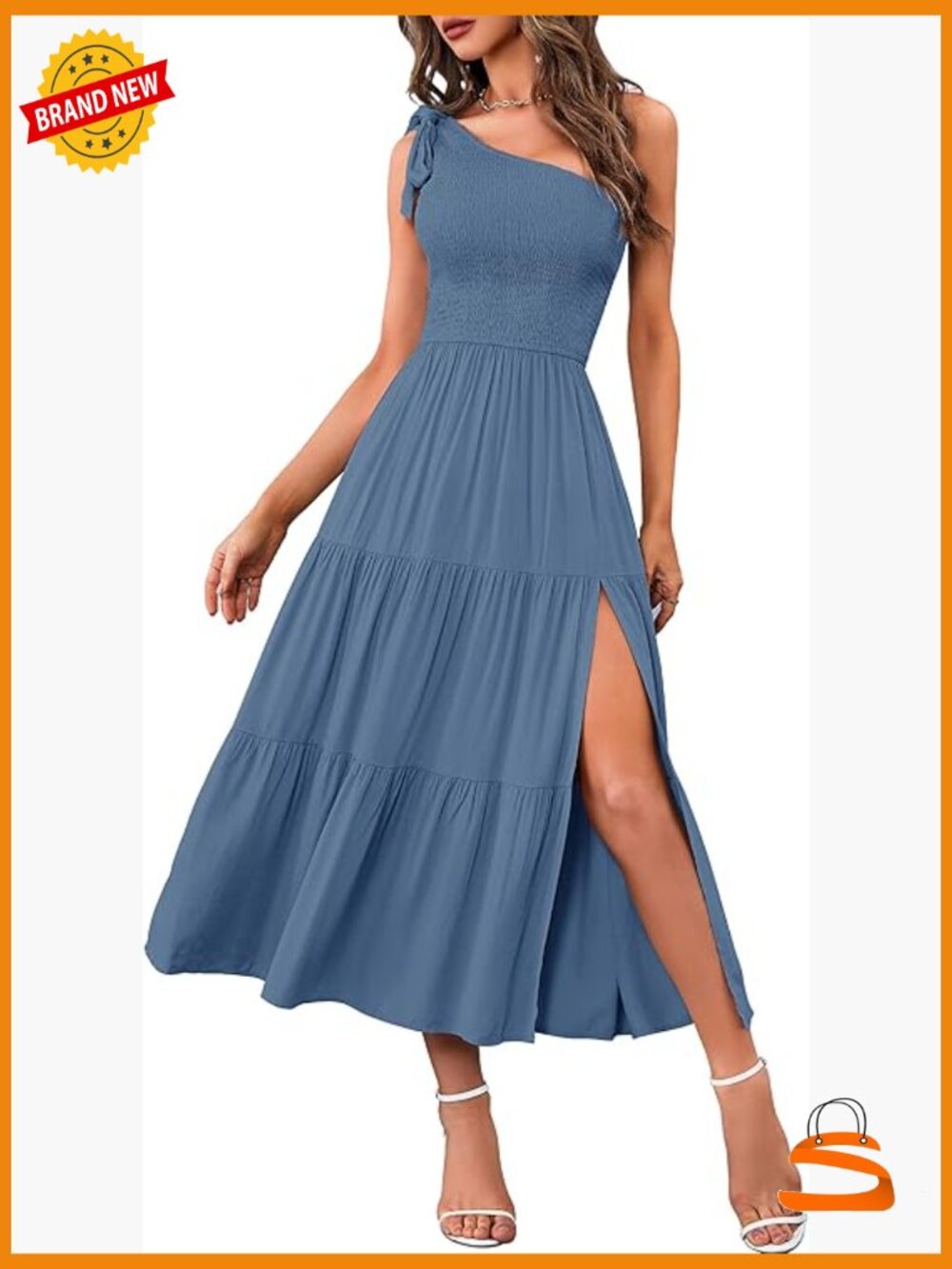Sleeveless One Shoulder Smocked Midi Dress with Side Split